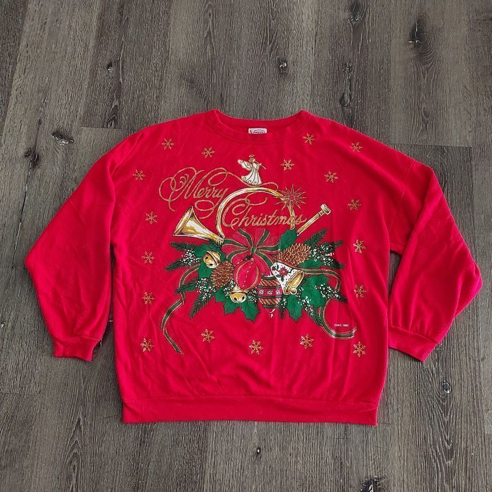 Vintage 1992 Variety Merry Christmas Red Ugly Sweater Xmas Party Sweatshirt XL